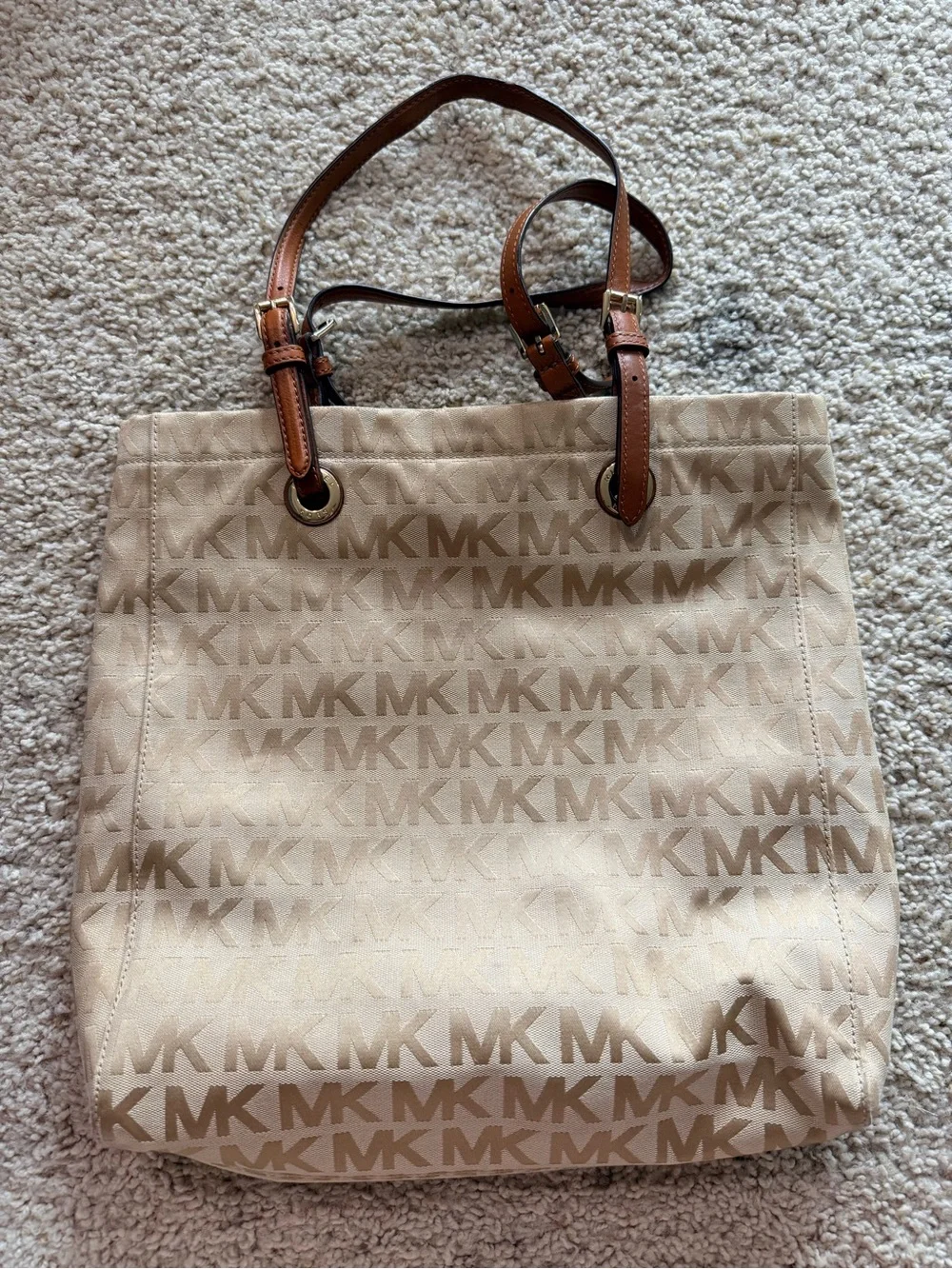 Michael Kors Beige MK Logo Canvas & Leather Tote Bag